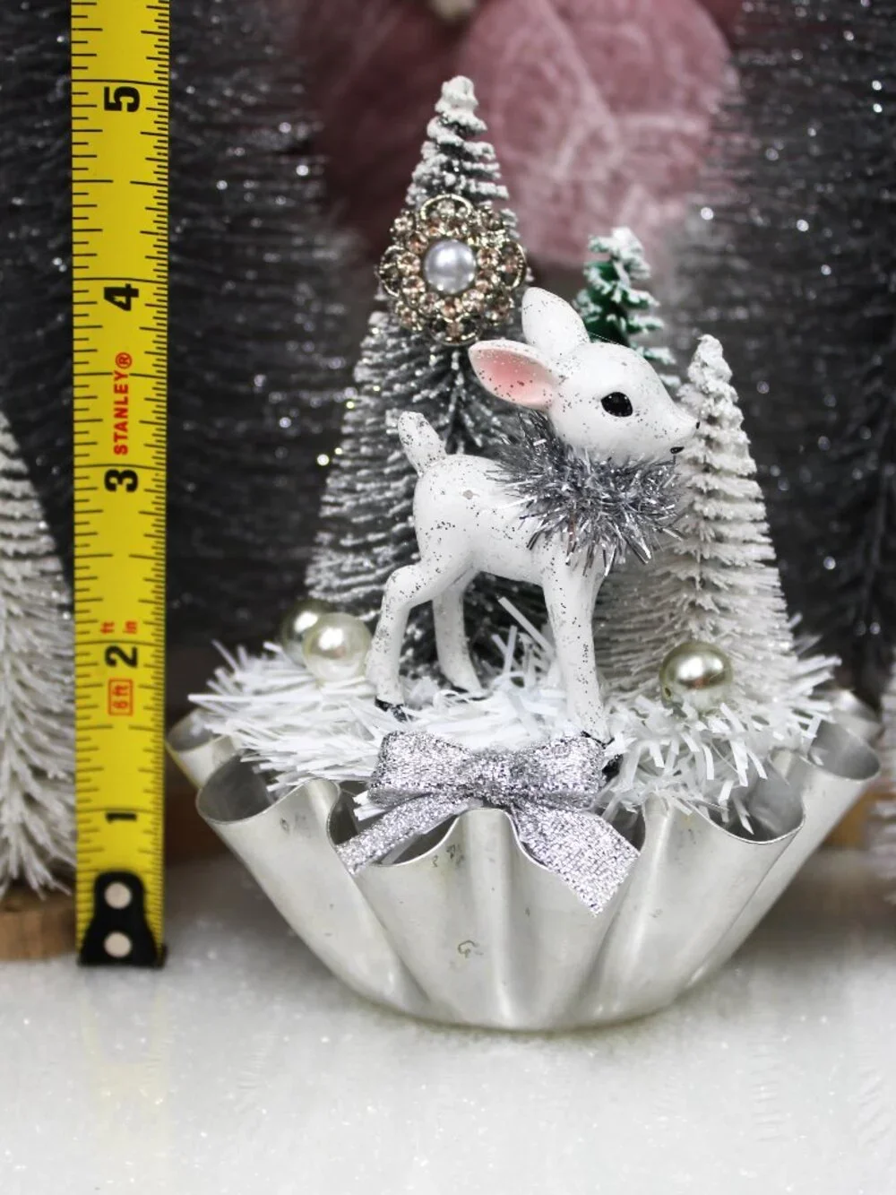 Silver Christmas Assemblage: Retro White Deer and Bottle Brush Trees in Vintage